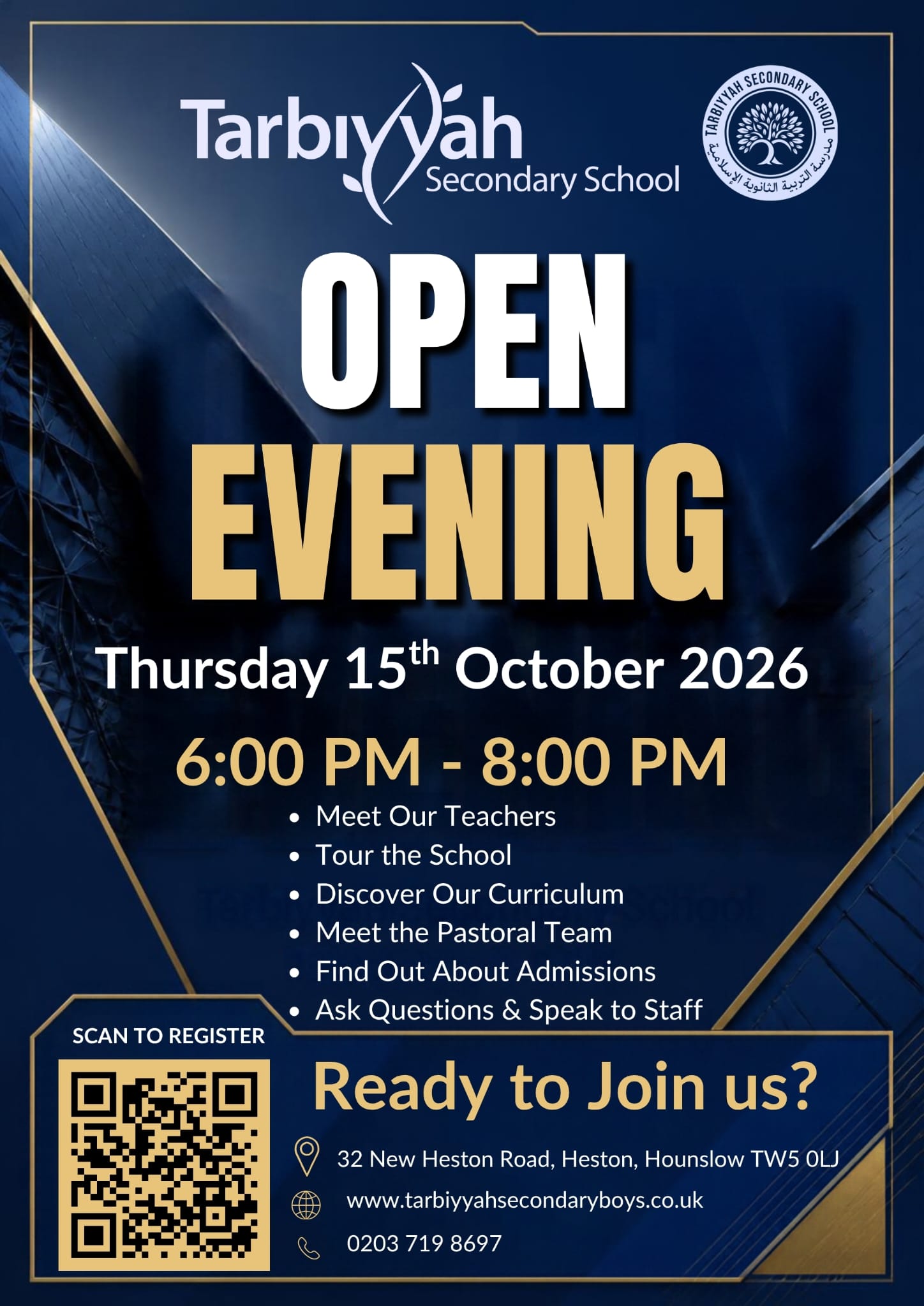 Tarbiyyah Secondary School Open Evening, Thursday 15th October 2026, 6:00 PM to 8:00 PM, 32 New Heston Road, Heston, Hounslow TW5 0LJ